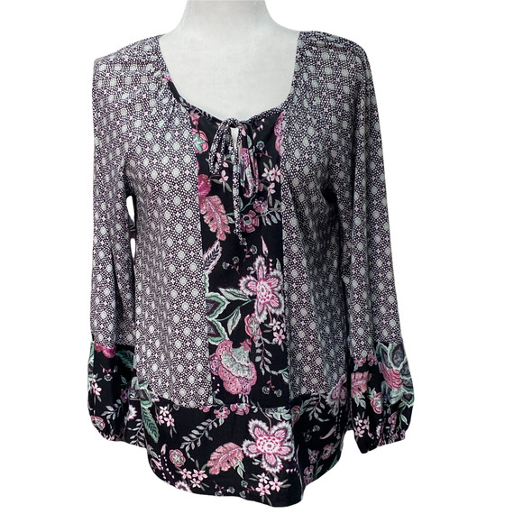 STYLE & CO | sz M Women's Black Multi Floral Long Sleeve Knit Tie Front Blouse - Picture 1 of 5